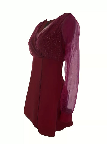 Sarah Express Glitter Mesh Long Sleeve Mini Dress - Sheer Sparkle Cocktail Party Dress