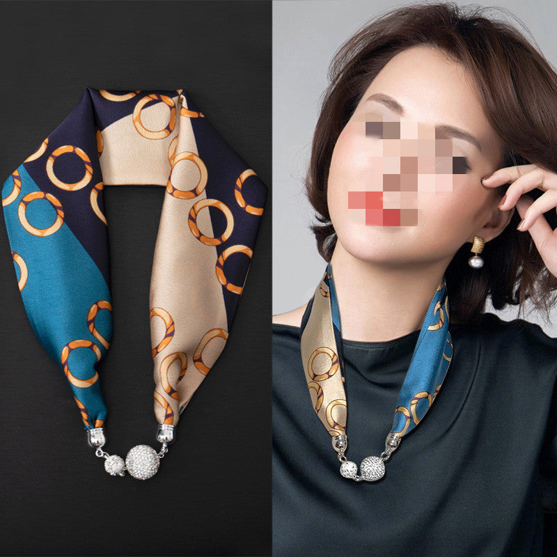 Sarah Express Magnetic Buckle Silk Scarf with Pearl Detail Women's Rectangular Necklace Scarf