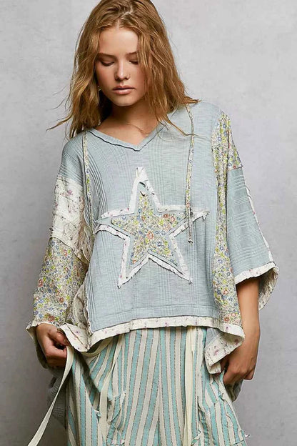 Sarah Express Women's Floral Star Patch Hooded Blouse with Lace Detail - Ribbed Long Sleeve Top STEEL BLUE