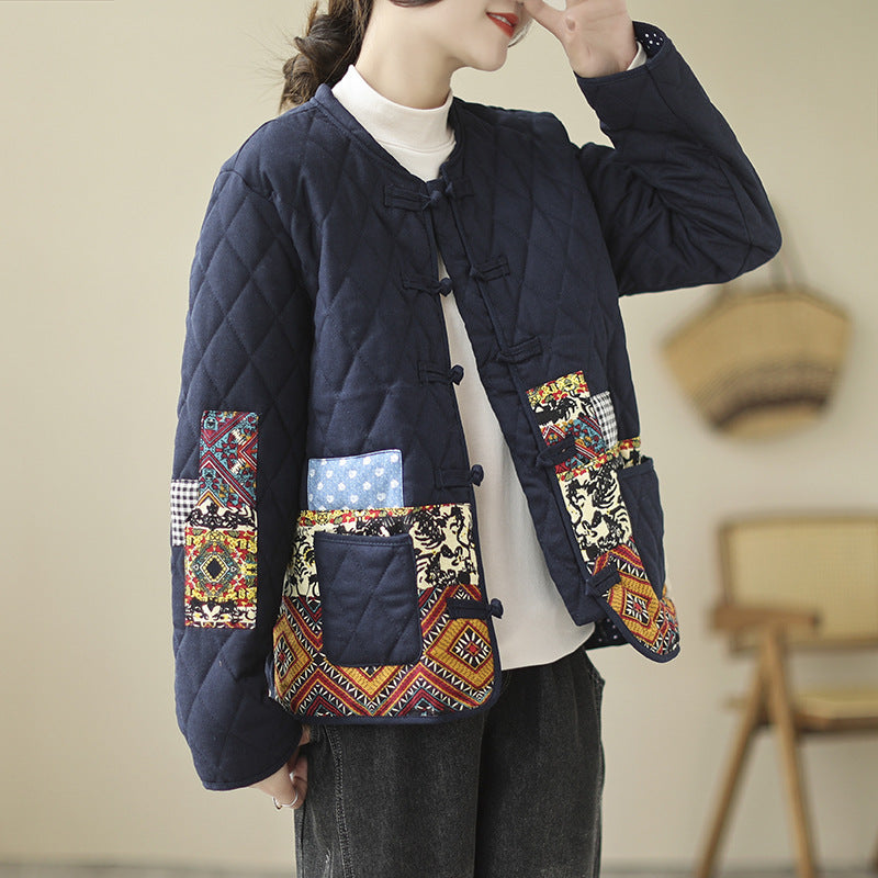 Sarah Express Women's Vintage Patch Cardigan Jacket Cotton-Padded Buckle Closure Rhombus Pattern Coat