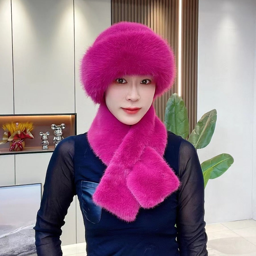 Sarah Express Women's Plush Winter Hat Scarf Set Dome Cap Warm Windproof
