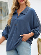 Sarah Express Women's Oversized Twist Ribbed Collared Henley Top with Roll Up Sleeve