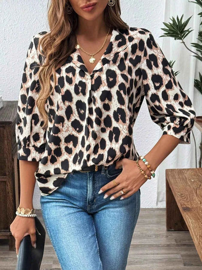 Sarah Express Women's Leopard Print 3/4 Sleeve Blouse - Button Front Top