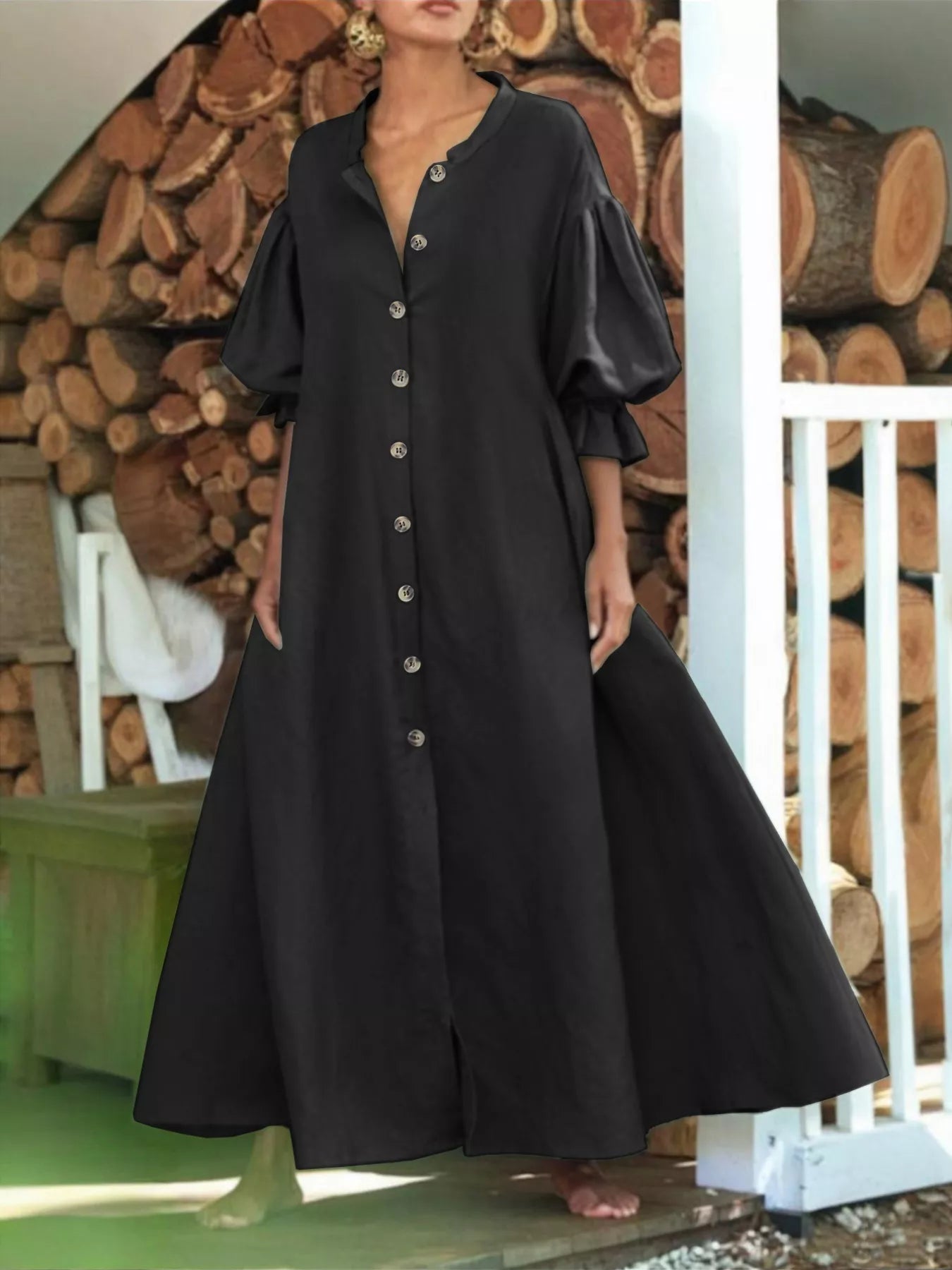Sarah Express Women's Plus Size Button Front Puff Sleeve Shirt Dress Black