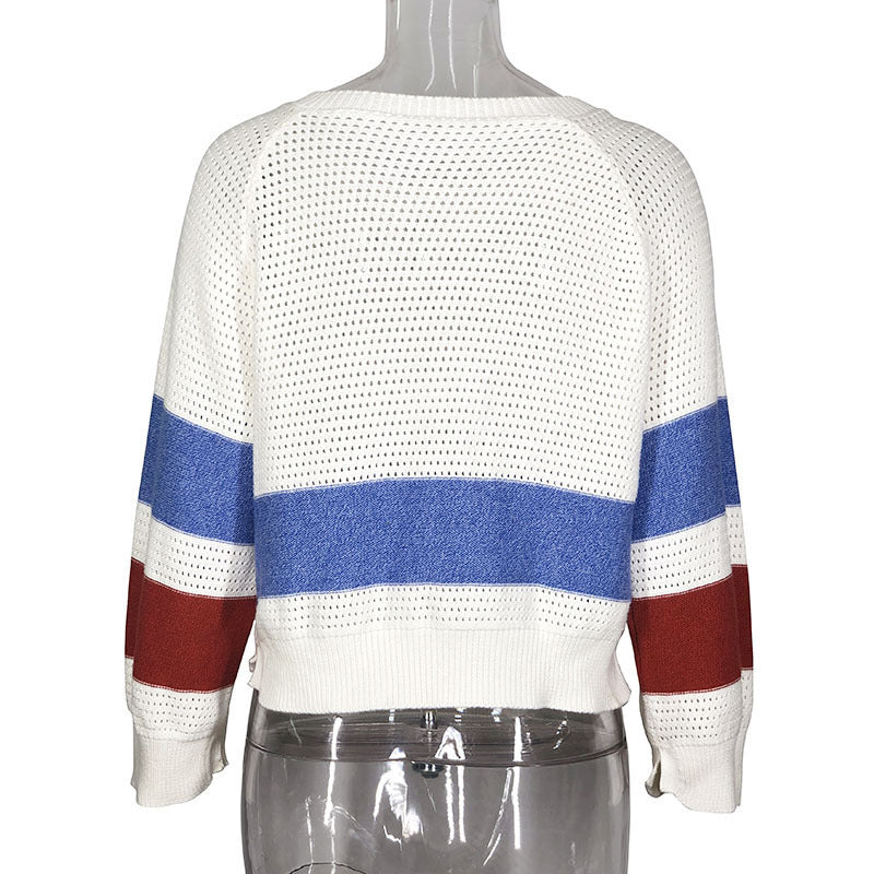 Sarah Express Striped Hollow-Out Pullover Sweater Long Sleeve Color Block Top