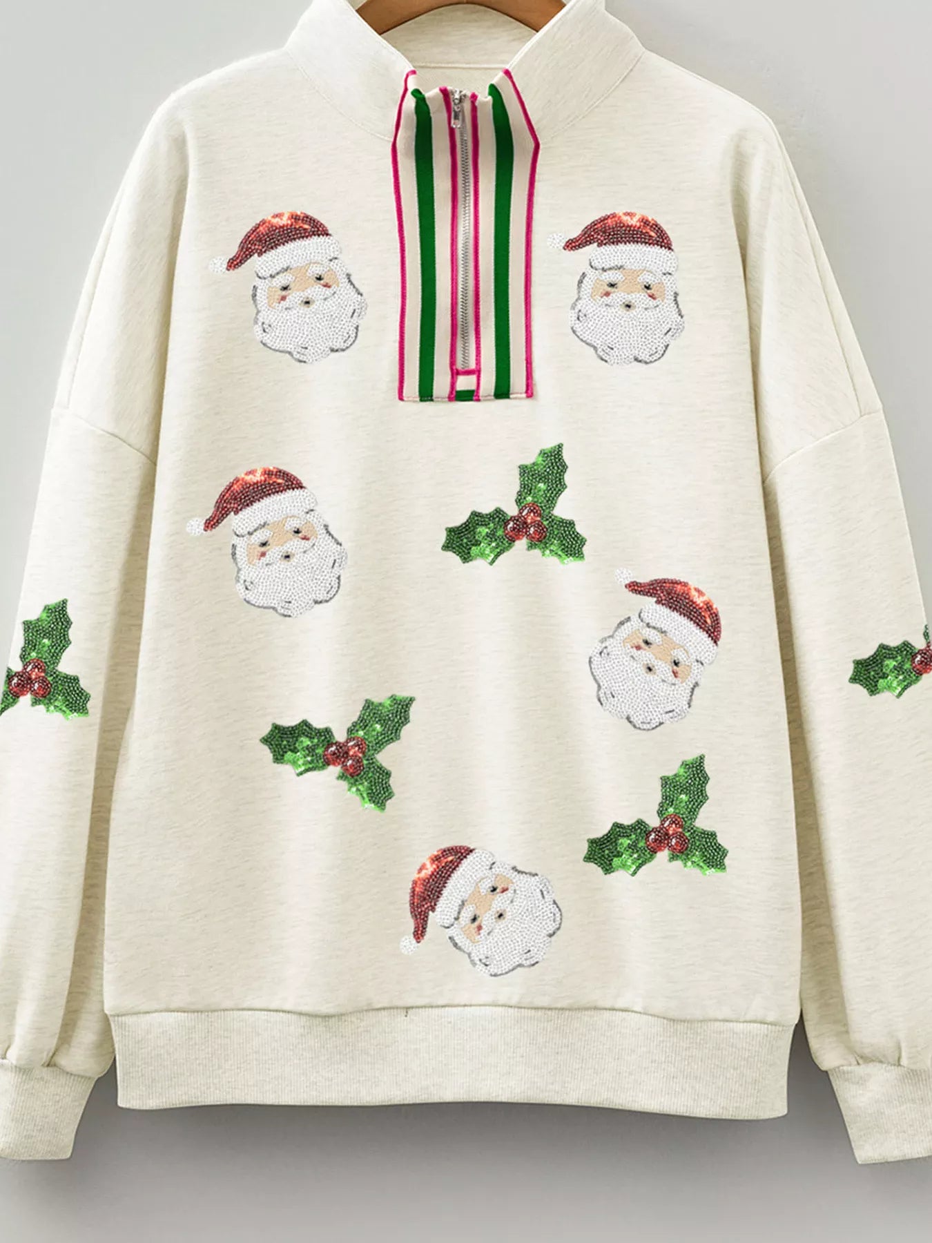 Sarah Express Women's Sequin Santa Christmas Sweatshirt - Holly Patched Striped Trim Zip V Neck