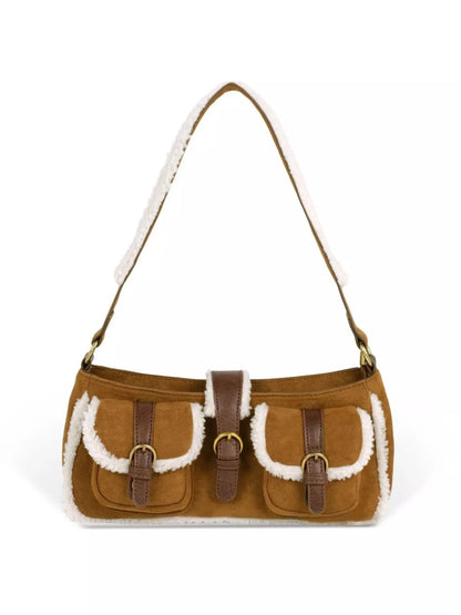 Sarah Express Women's Vintage Suede Shoulder Bag with Plush Trim
