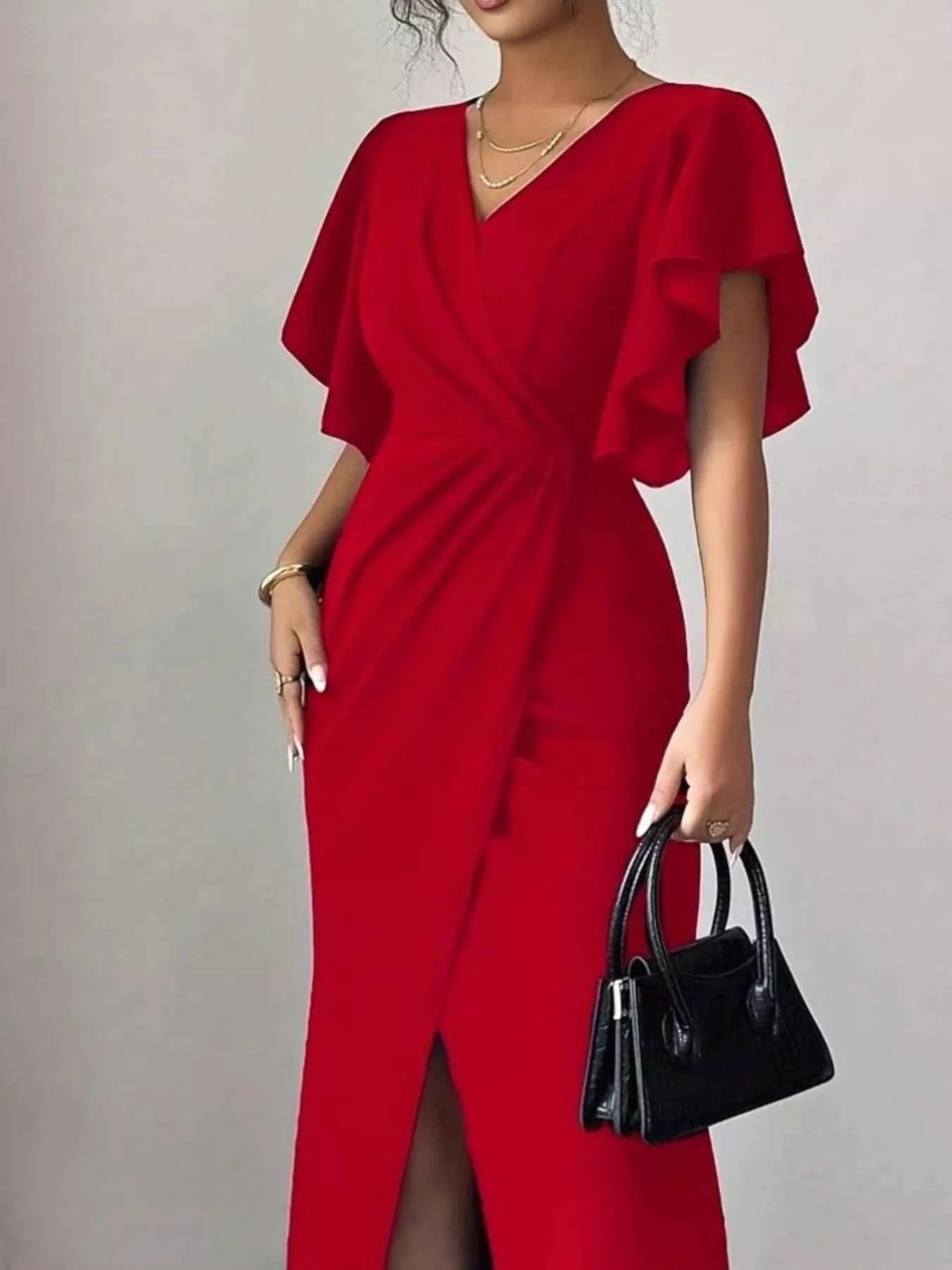 Sarah Express Women's Surplice Flutter Sleeve Maxi Dress - Ruched Slit Evening Dress Red