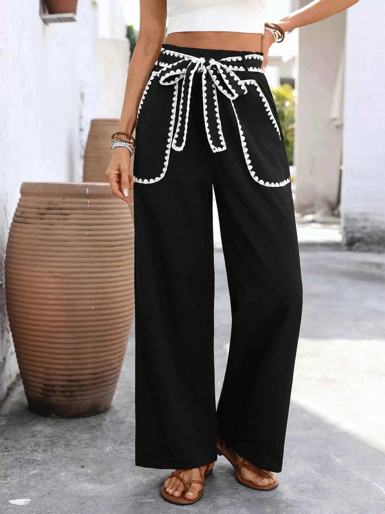 Sarah Express Women's Crochet Trim Wide Leg Pants - Tie Waist High Rise Palazzo Trousers