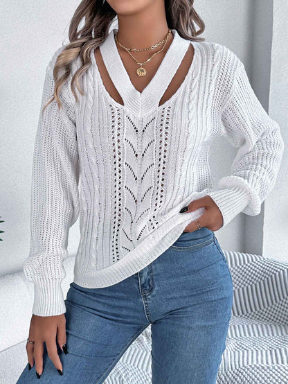Sarah Express Women's Cable Knit V-Neck Sweater - Hollow Out Lantern Sleeve Pullover