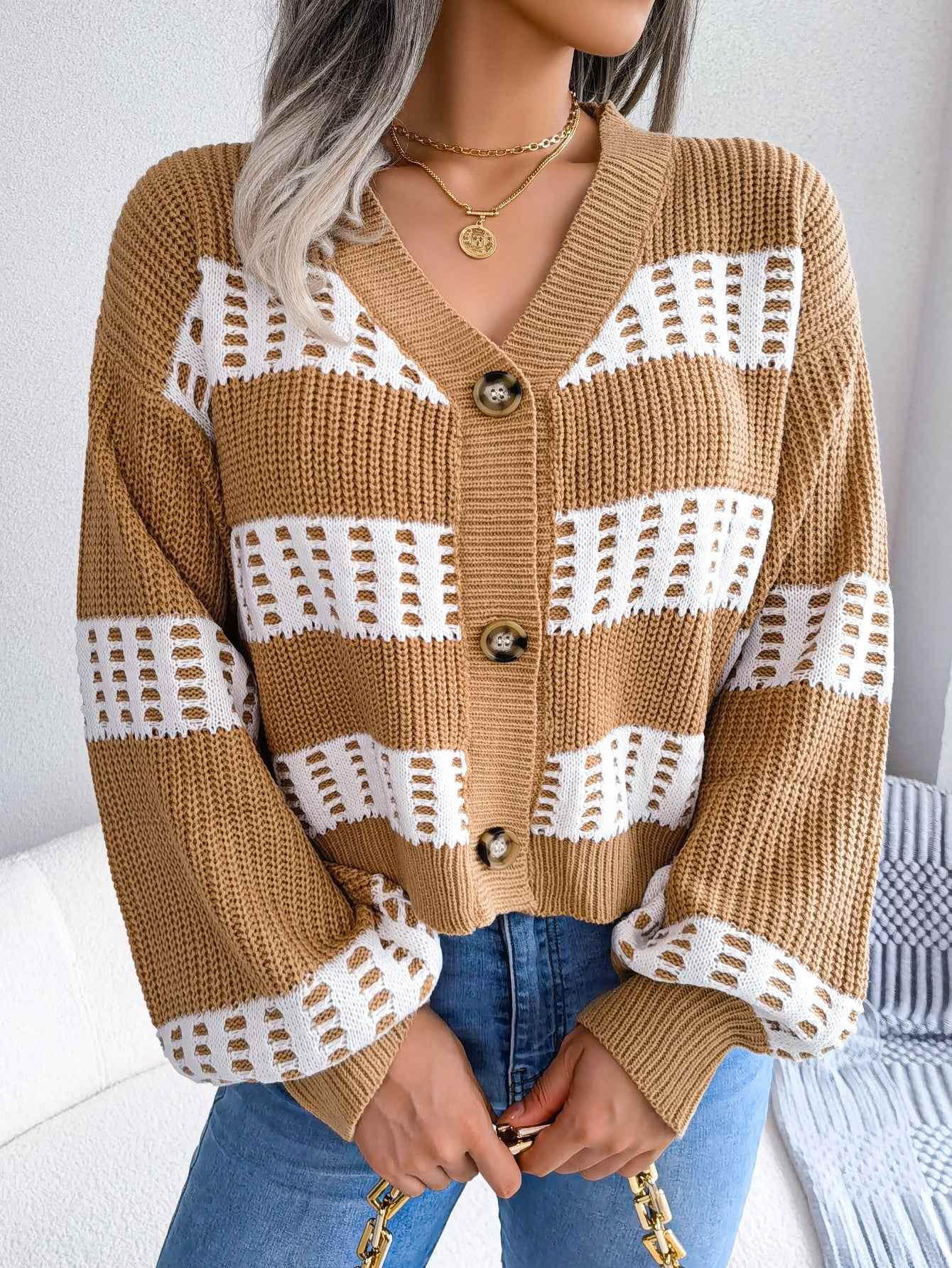 Sarah Express Women's Color Block Lantern Sleeve Cardigan Sweater Coat - Designer Knitwear