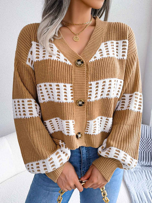 Sarah Express Women's Color Block Lantern Sleeve Cardigan Sweater Coat - Designer Knitwear