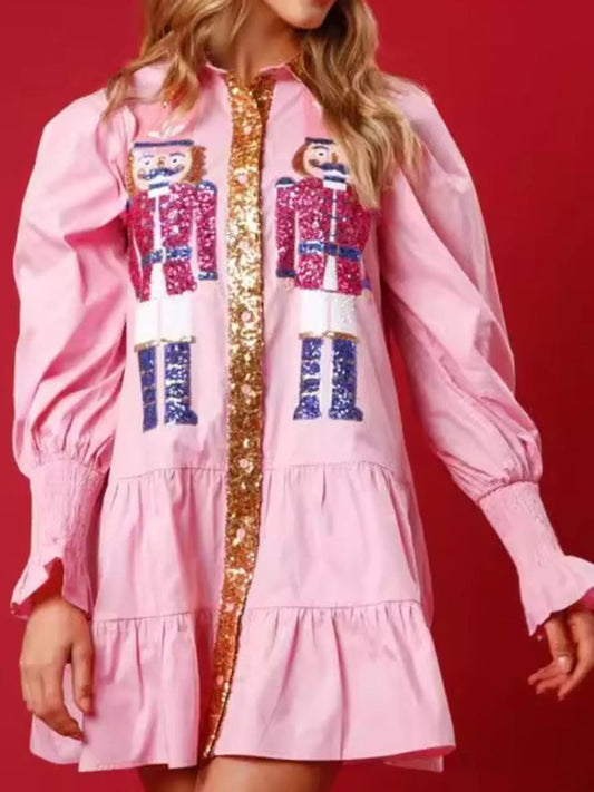 Sarah Express Women's Christmas Sequin Nutcracker Tiered Shirt Dress Plus Size Pink