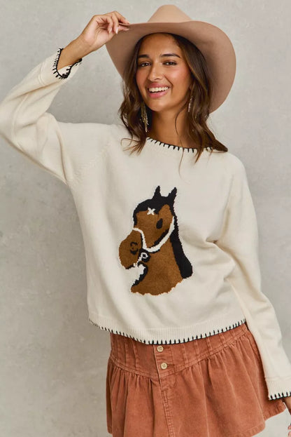 Sarah Express Women's Horse Knit Sweater Top - Cozy Blanket Stitch Pullover
