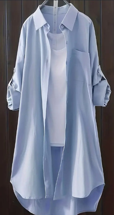 Sarah Express Long Sleeve Button Front Shirt Solid Pocket Detail