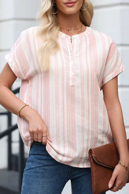 Sarah Express Women's Striped Button Detail Short Sleeve Blouse - Casual Cotton Blend Top Dusty Pink