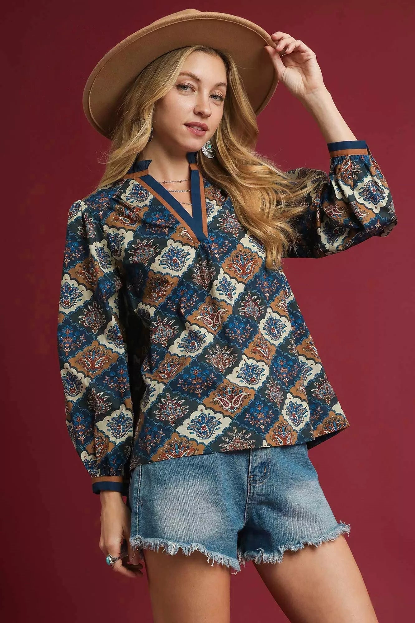 Abstract Print Ruffle Neck Top