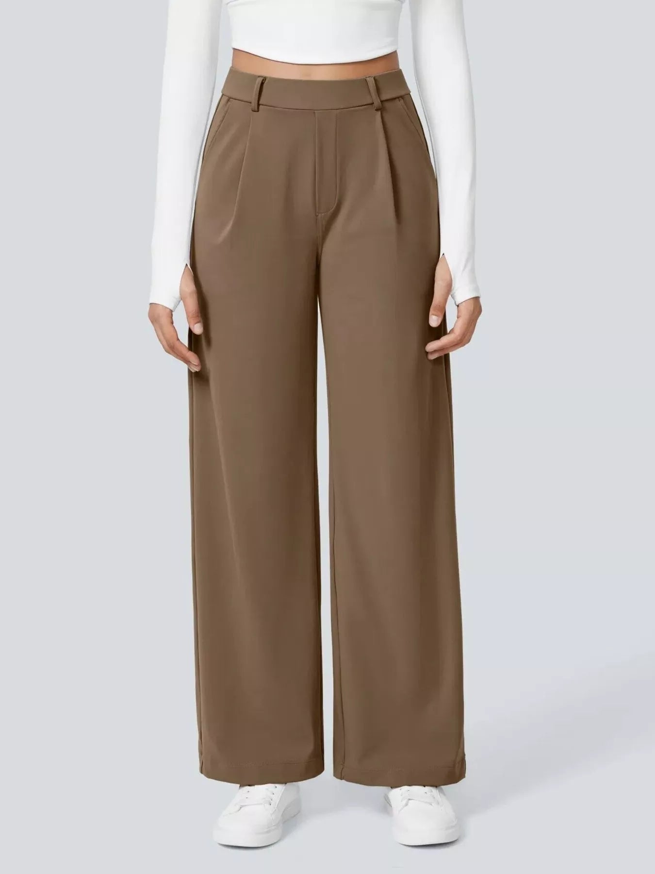 Sarah Express Women's Wide Leg Pants with Pockets Beige