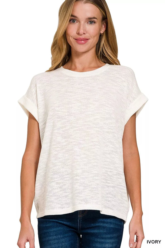Sarah Express Women's Hacci Slub Rolled Sleeve Tee - Relaxed Fit Casual Top IVORY