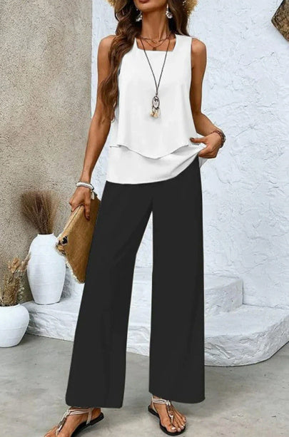 Sarah Express Women's Print Two-Piece Set Sleeveless Double Layer Vest Top Loose Straight Pants Floral Suit