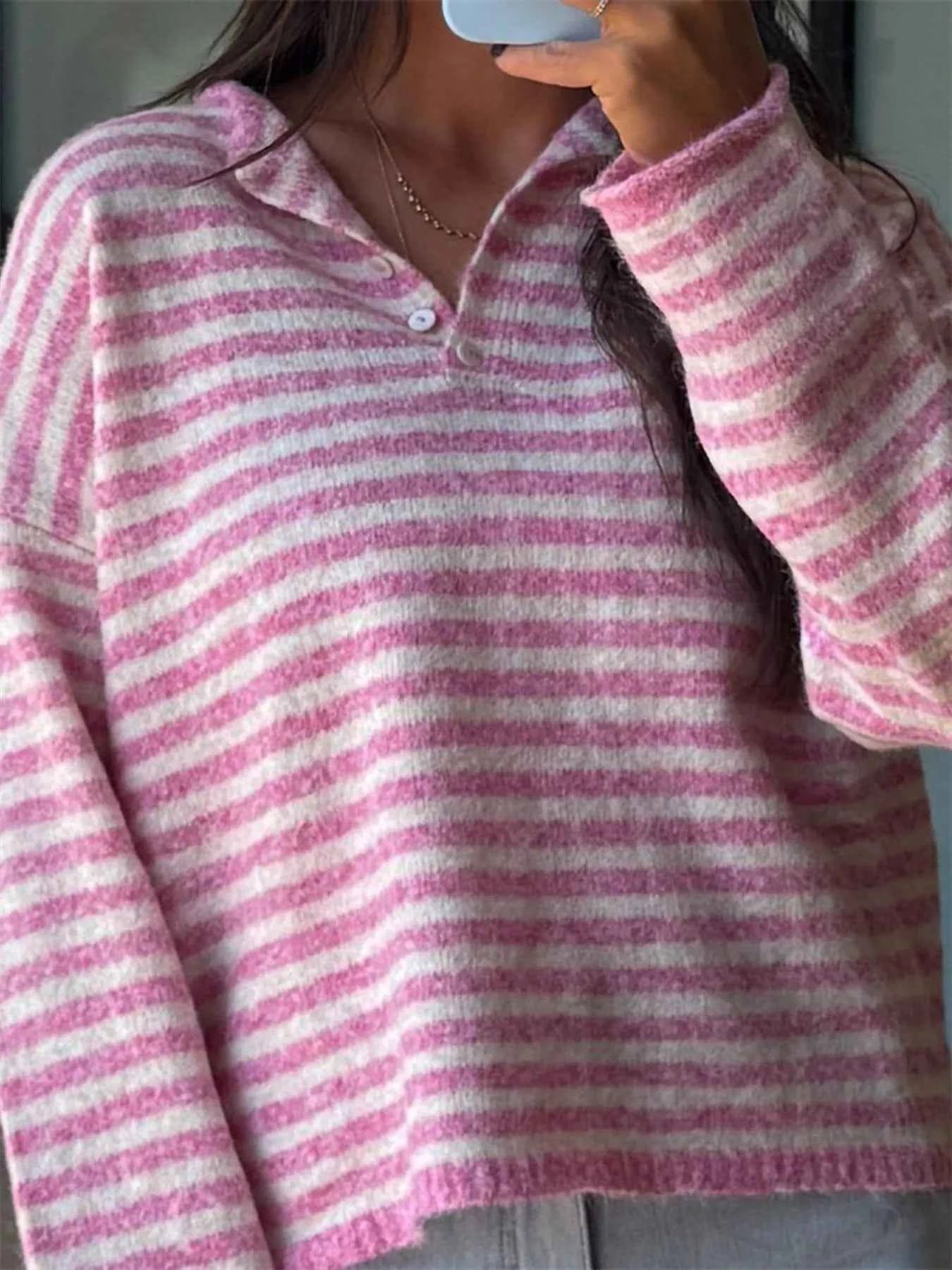 Sarah Express Women's Striped Button Detail Sweater - Dropped Shoulder Knit Top