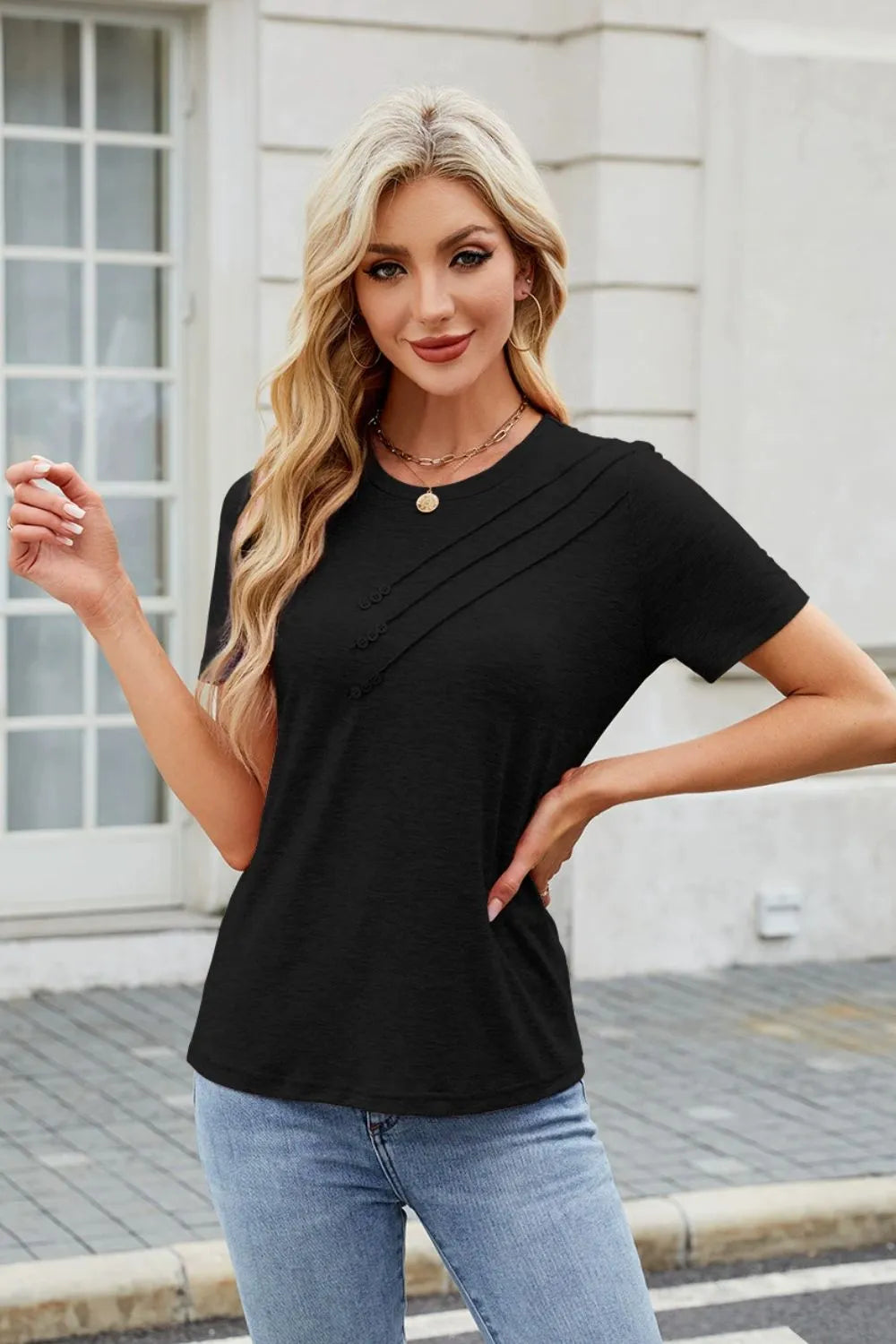 Sarah Express Women's Round Neck Short Sleeve T-Shirt with Decorative Button Black