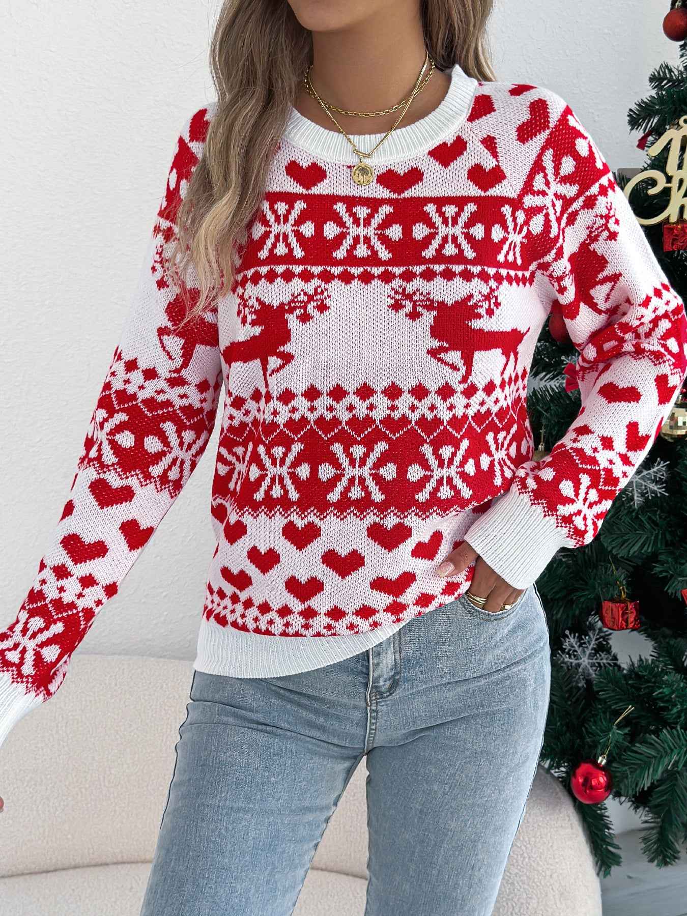 Sarah Express Women's Christmas Deer Pullover Sweater - Festive Holiday Knit Long Sleeve