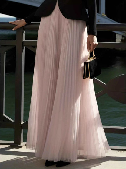 Sarah Express Women's Pleated Maxi Skirt - Elegant High Waist Long Skirt Pink