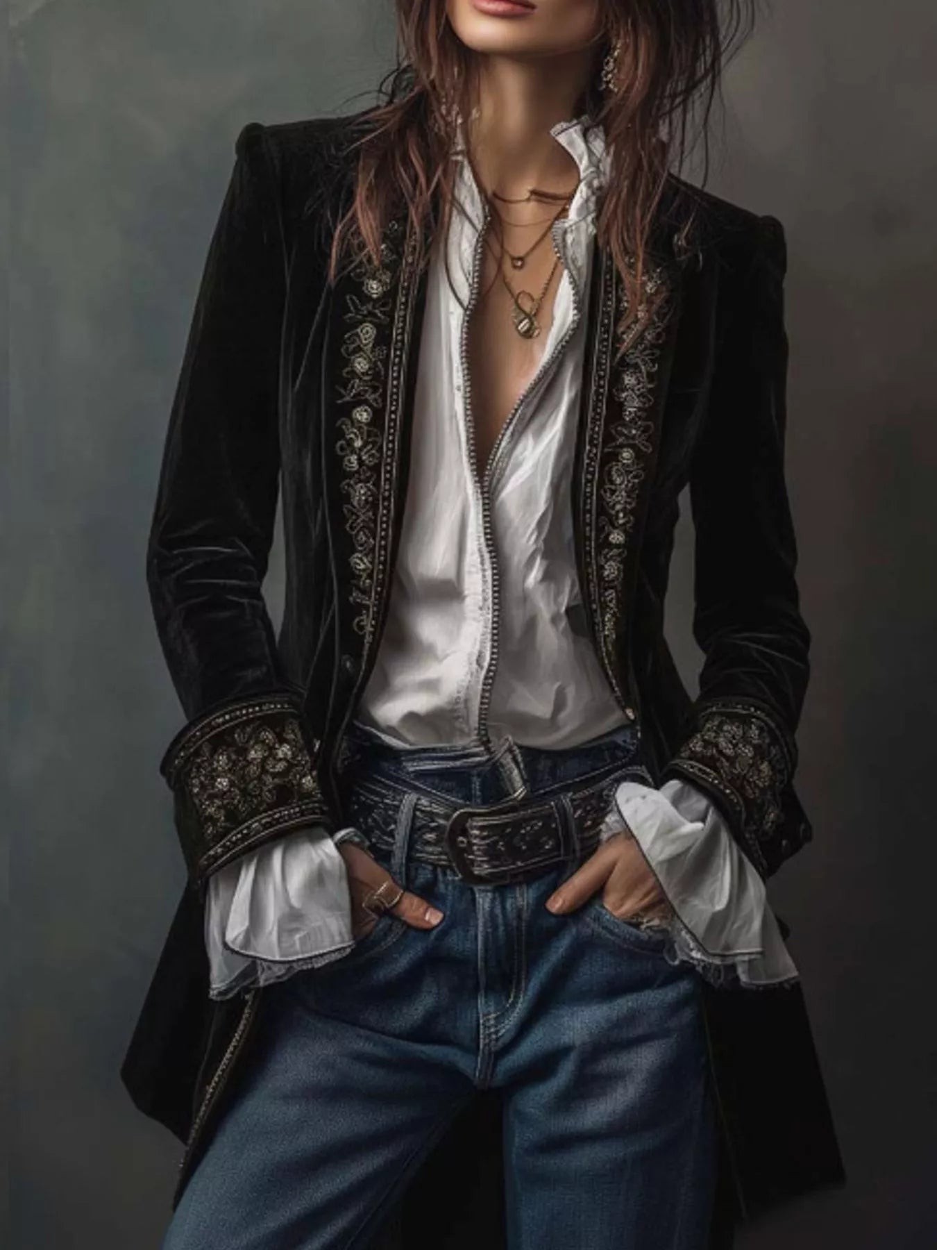 Sarah Express Women's Embroidered Velvet Jacket - Long Sleeve Outerwear Black