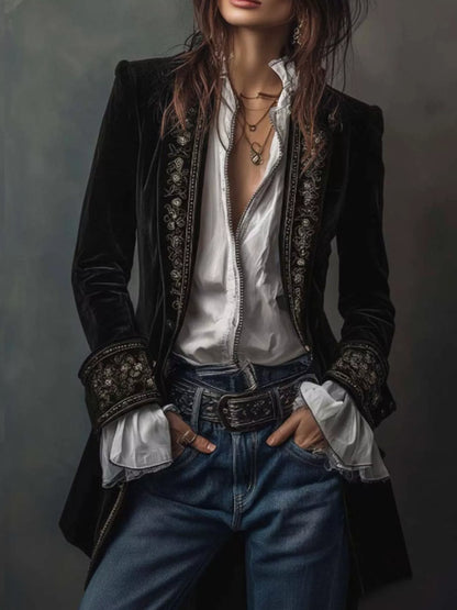 Sarah Express Women's Embroidered Velvet Jacket - Long Sleeve Outerwear Black