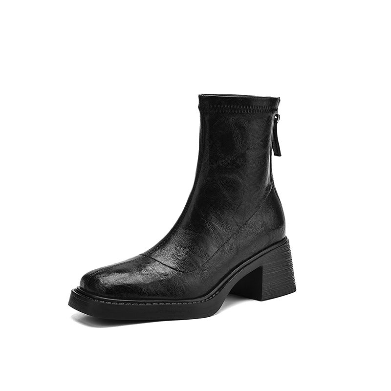 Sarah Express Slimming Versatile Chunky Mid-heel Square-toe Ankle Boots For Women Black Single Liner