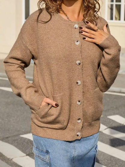 Sarah Express Women's Casual Button-Down Knit Cardigan - Cozy Acrylic Sweater with Pockets Khaki