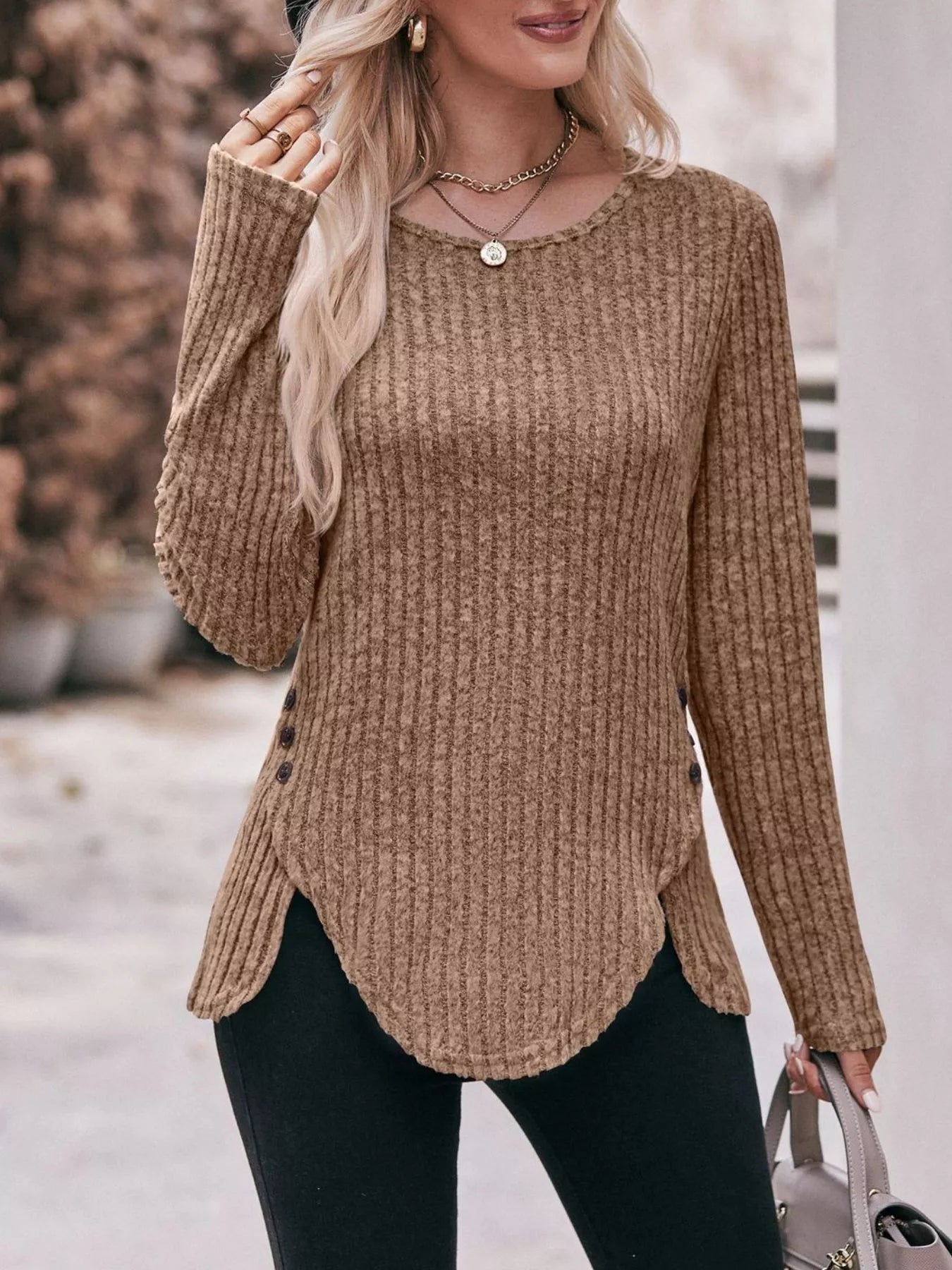 Sarah Express Women's Ribbed Knit Long Sleeve T-Shirt