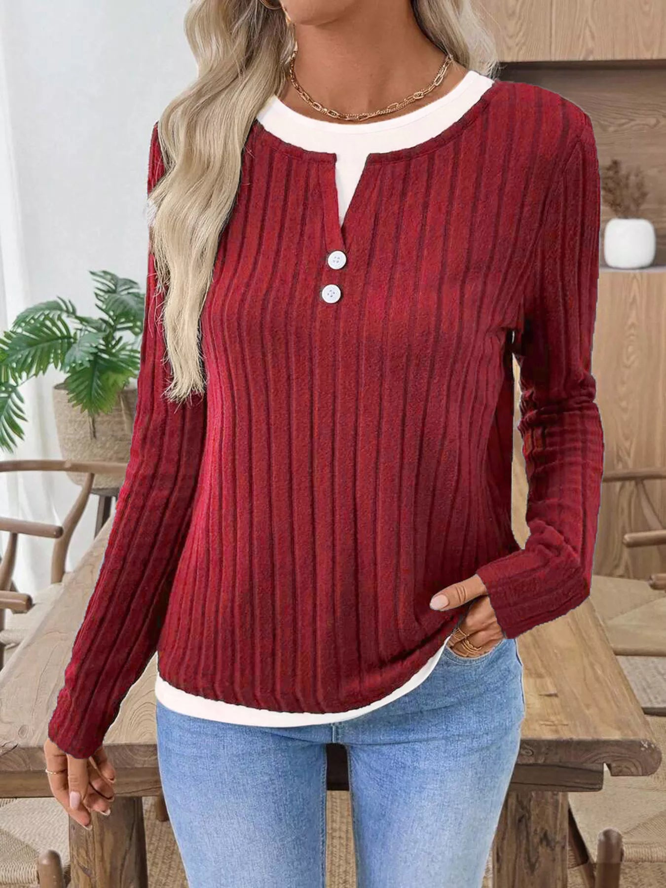 Sarah Express Women's Ribbed Knit Button Detail Contrast Sweater Red