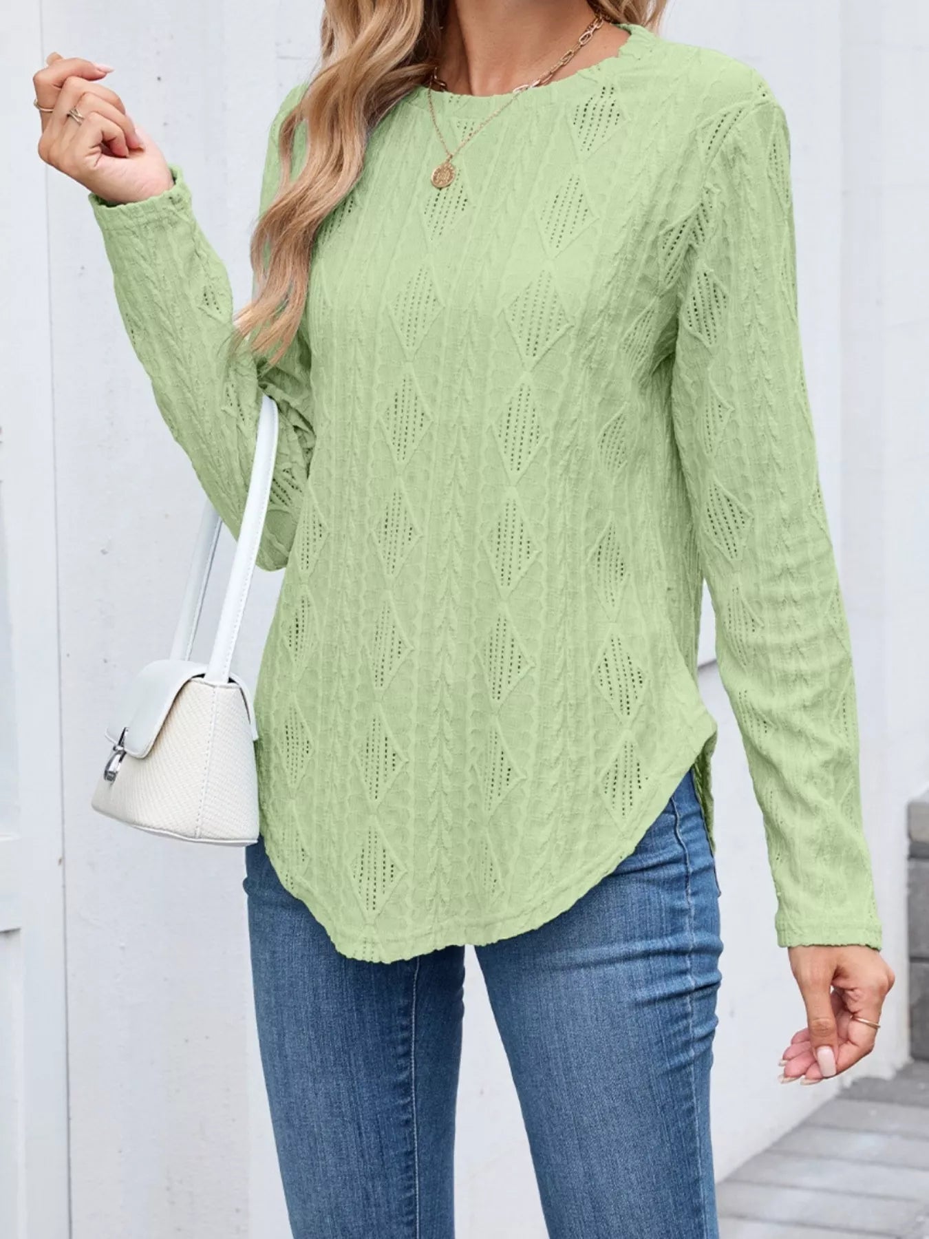 Sarah Express Women's Diamond Pattern Openwork Knit Long Sleeve Top