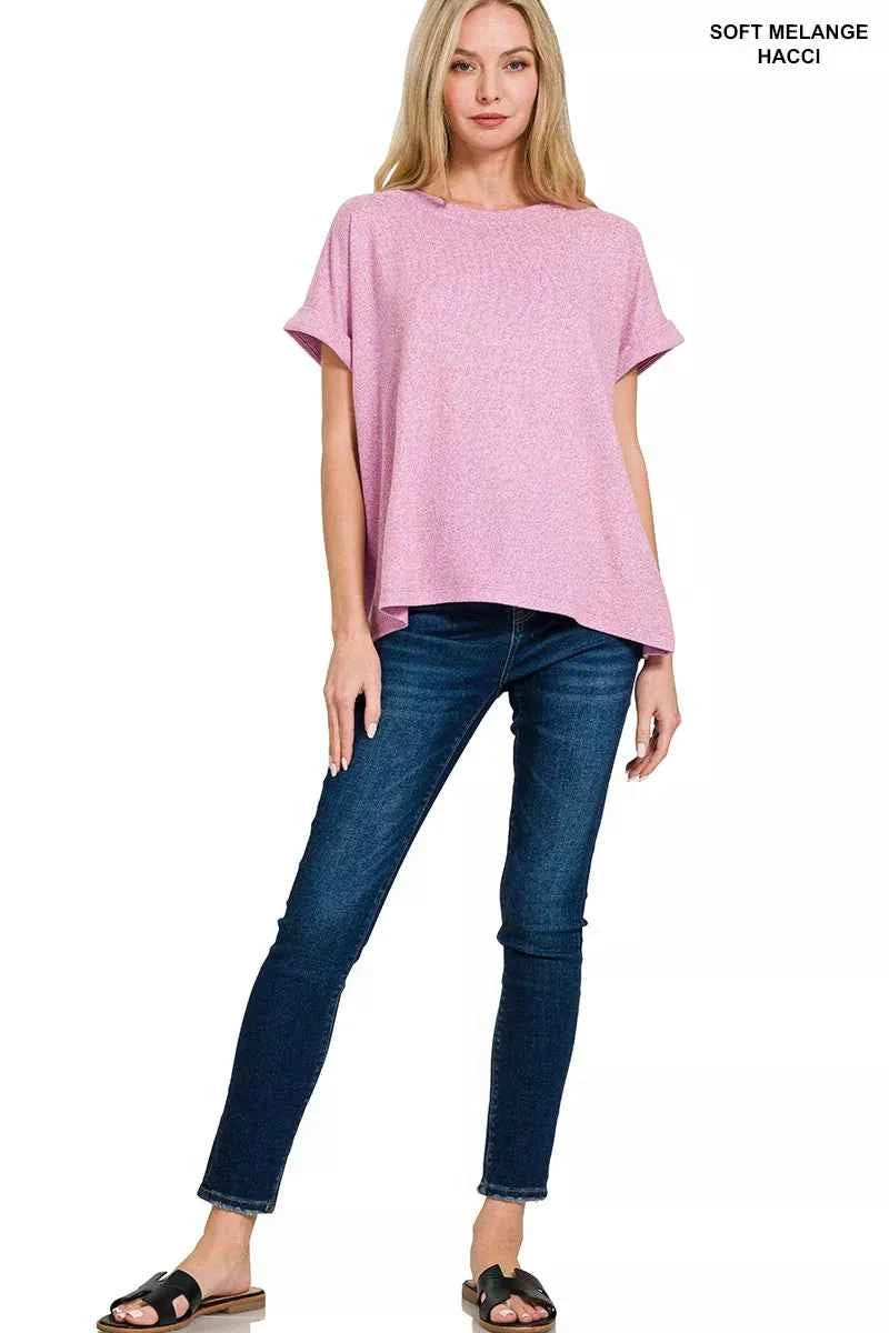 Sarah Express Women's Soft Melange Hacci Short Sleeve Round Neck Top - Comfortable Everyday Wear