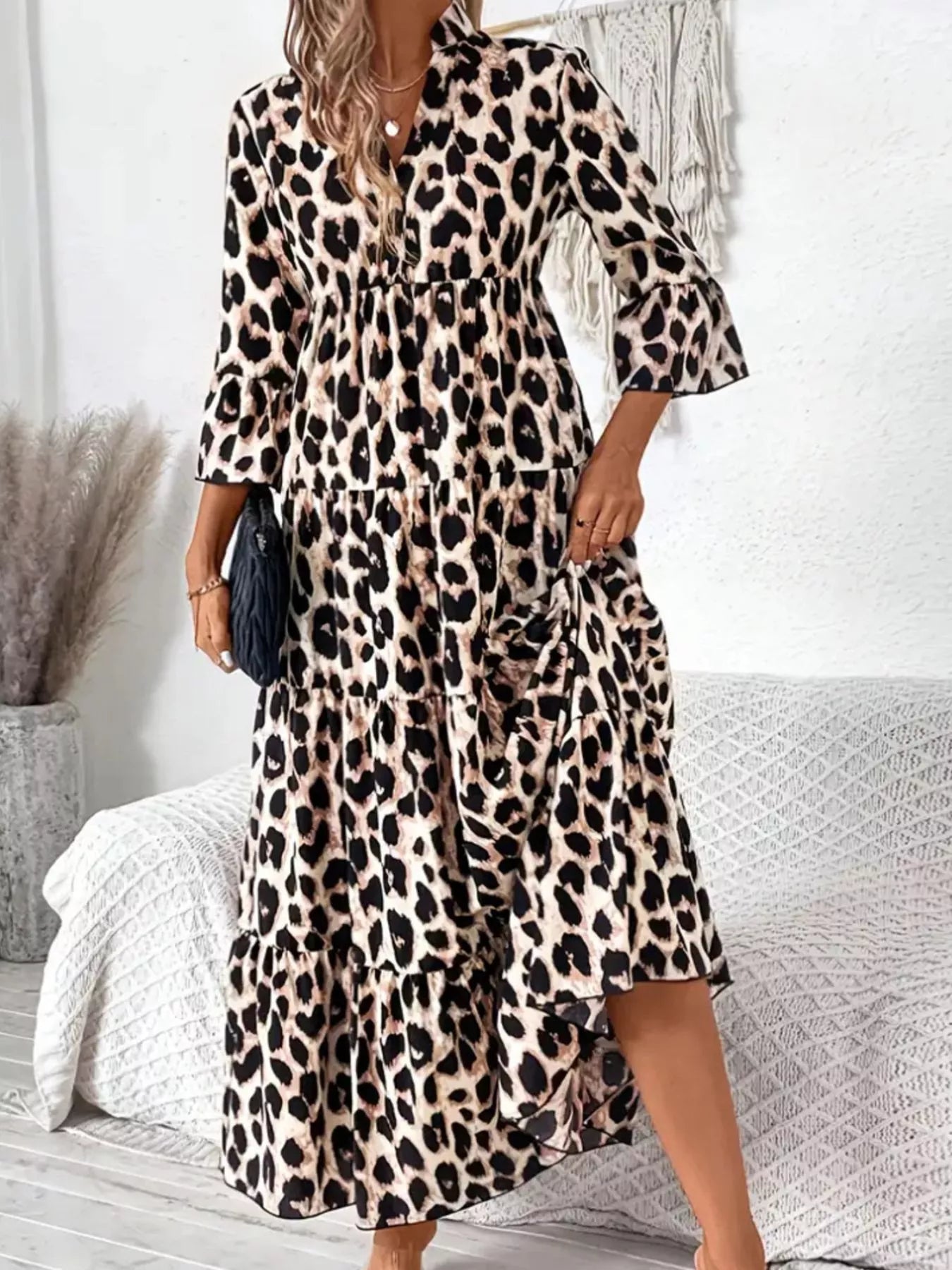 Sarah Express Women's Leopard 3/4 Sleeve Midi Dress