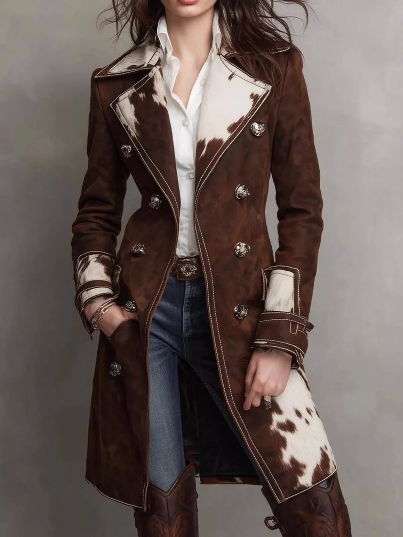 Sarah Express Women's Cowhide Trim Western-Style Trench Coat Brown