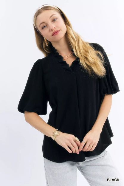 Sarah Express Women's Linen Scallop Trim V-Neck Blouse Black