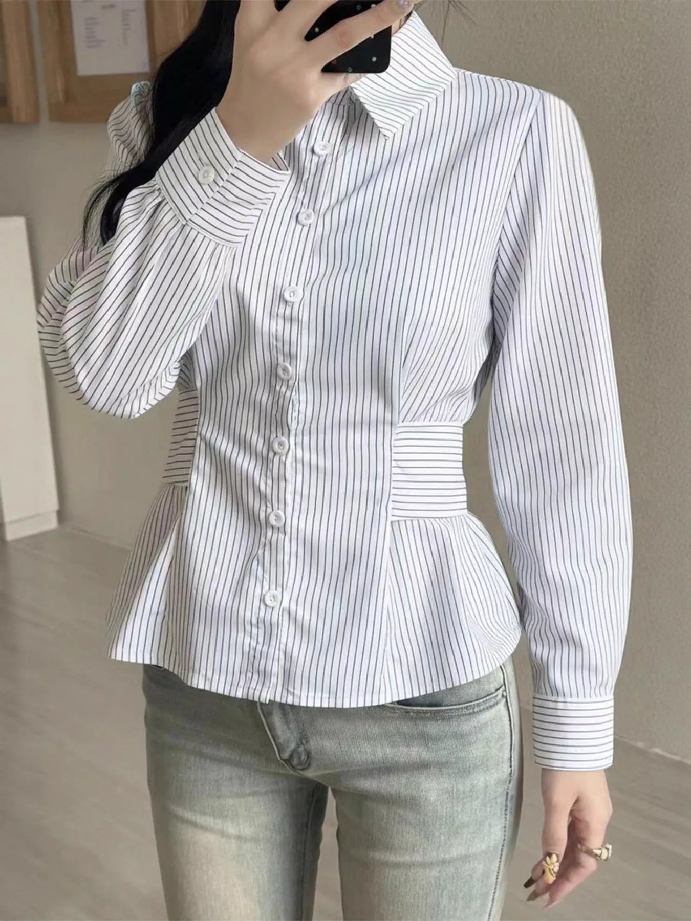 Sarah Express Women's Striped Peplum Button Up Shirt - Long Sleeve Blouse Gray white
