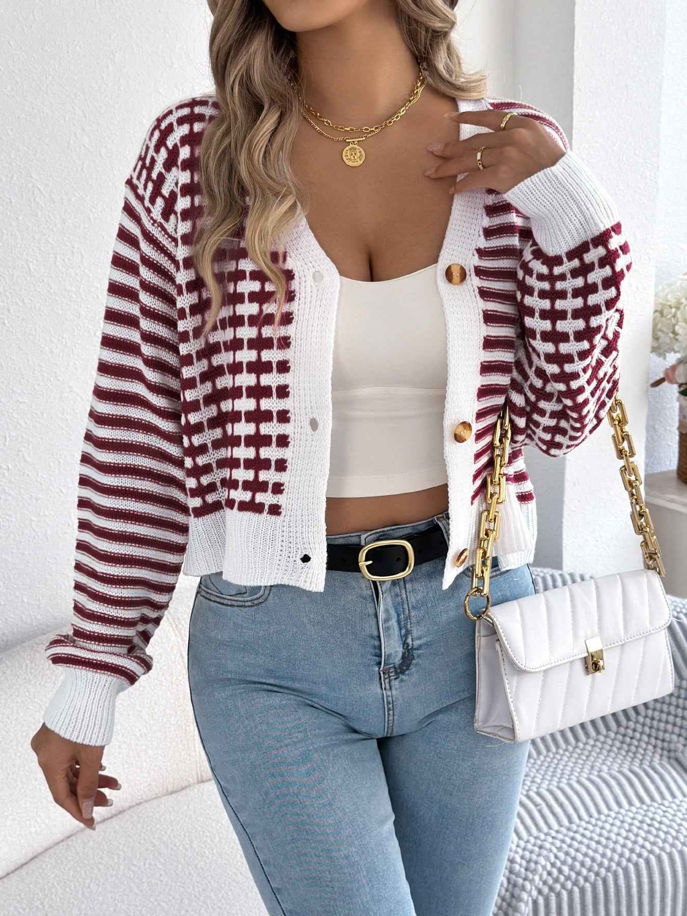 Sarah Express Women's Color Block Stripe Cardigan Sweater Lantern Sleeve Knit Burgundy