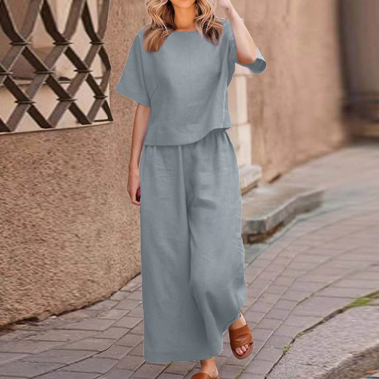 Sarah Express Cotton Linen Two-Piece Set Casual Loose Top Pants Outfit