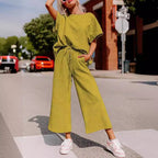 Sarah Express Women's Textured Short Sleeve Top and Pants Two-Piece Casual Set