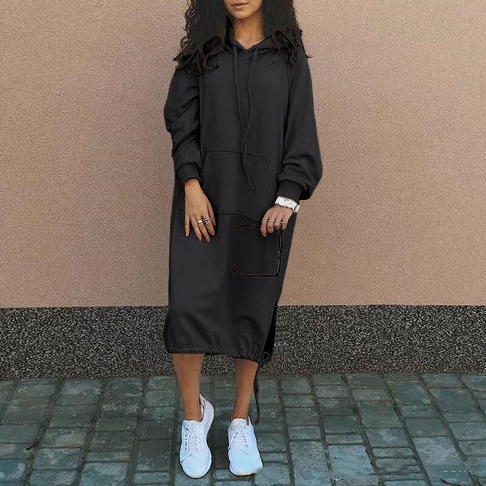 Sarah Express Women's Hooded Sweatshirt Dress Long Sleeve Midi Casual Pockets