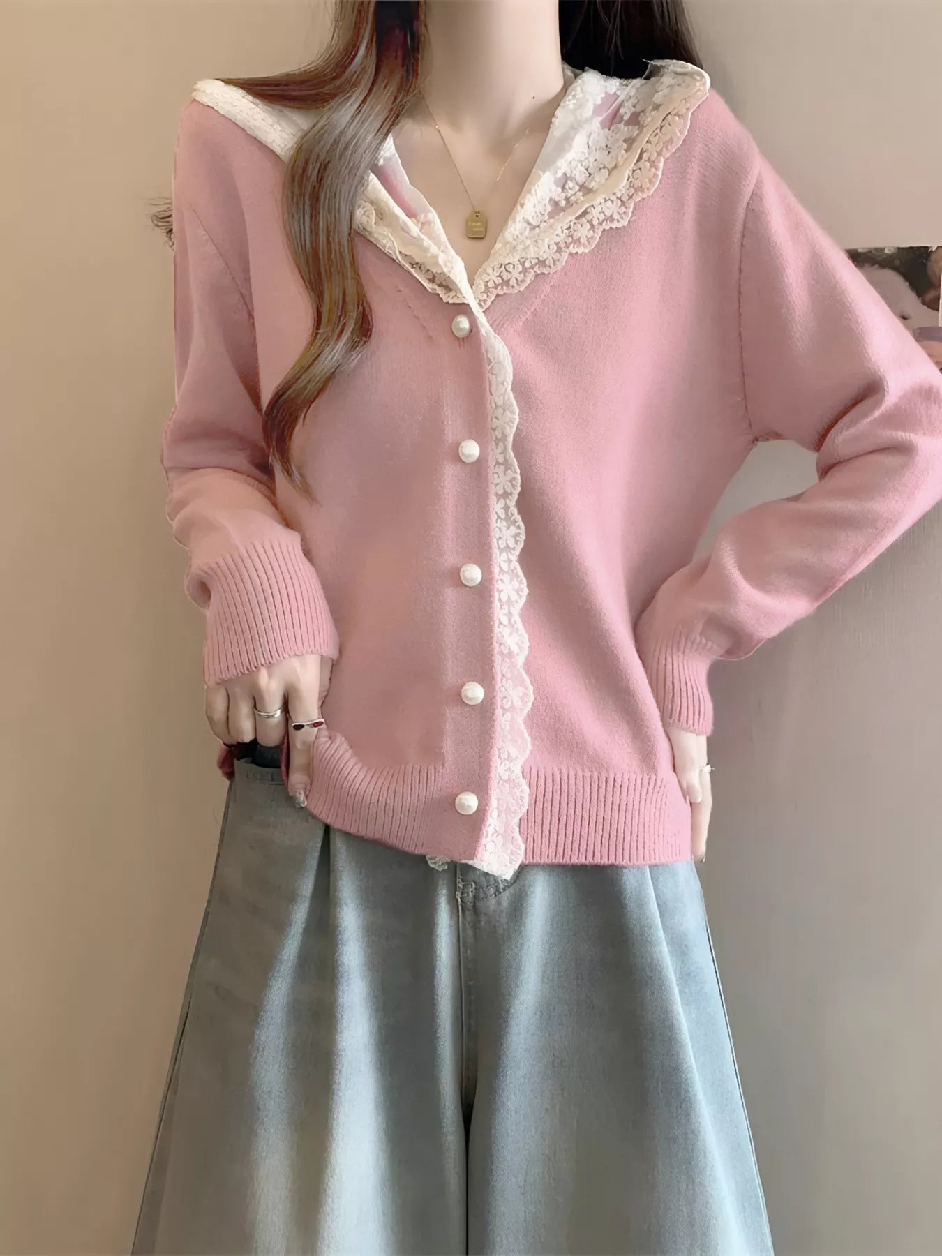 Sarah Express Women's Lace Trim Hooded Cardigan