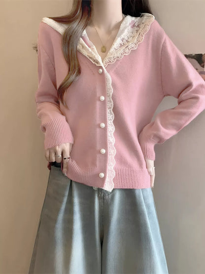 Sarah Express Women's Lace Trim Hooded Cardigan