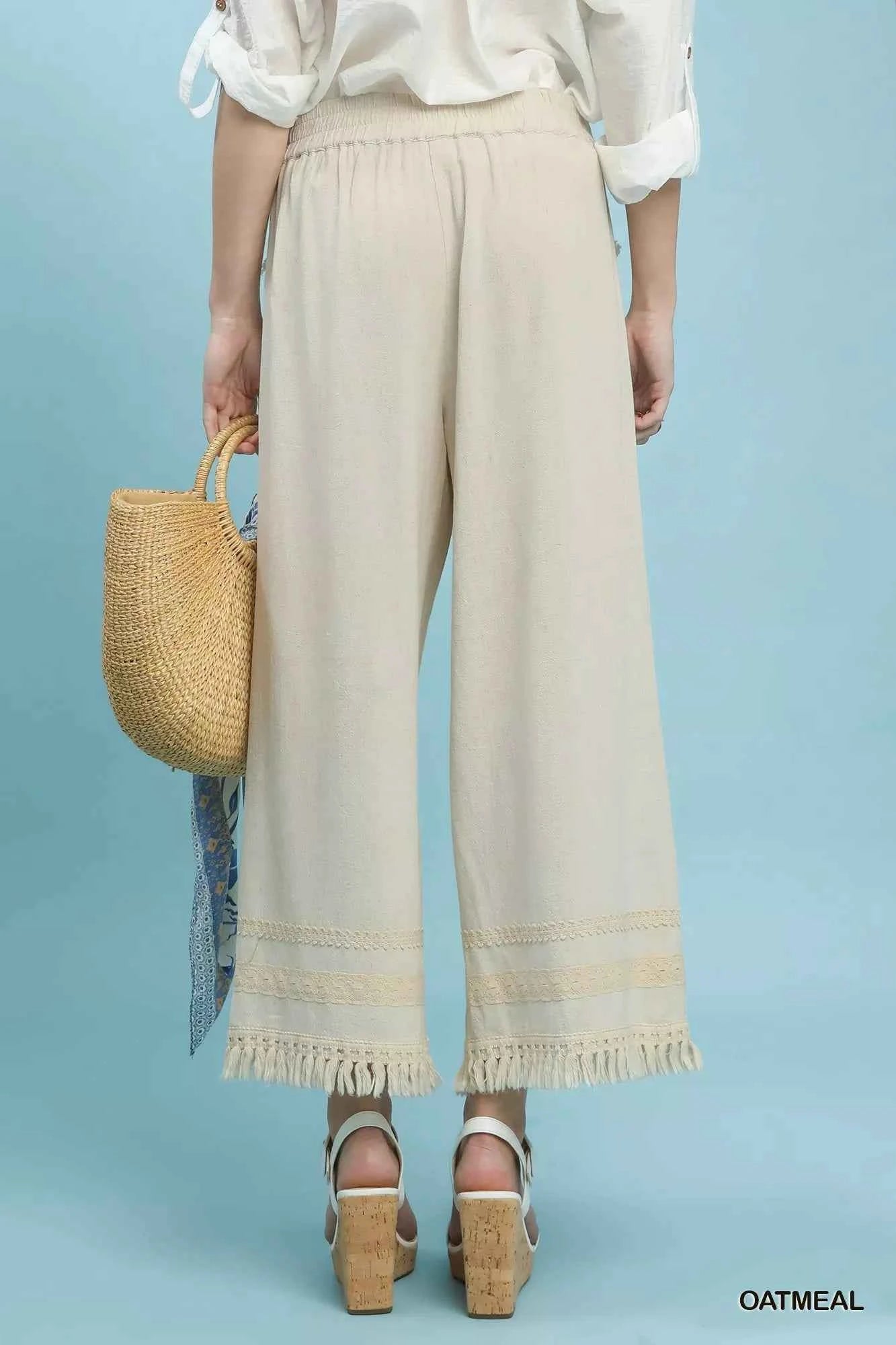 Sarah Express Women's Wide Leg Linen Pants with Lace Trim and Fringe Hem - Boho Drawstring Pants