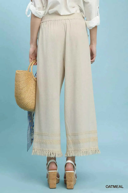 Sarah Express Women's Wide Leg Linen Pants with Lace Trim and Fringe Hem - Boho Drawstring Pants