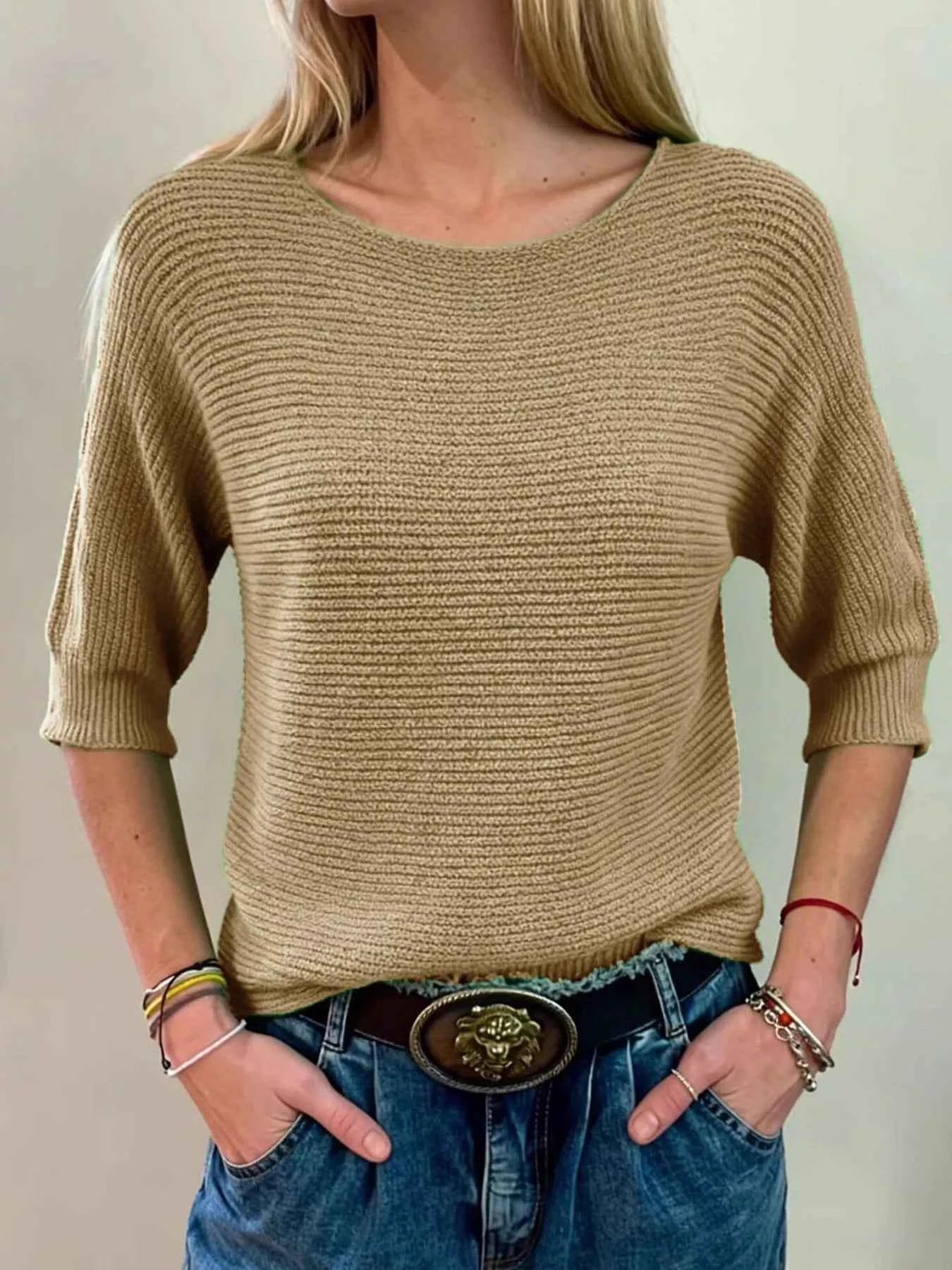 Sarah Express Women's Ribbed Knit Round Neck Sweater - Plus Size Available Khaki