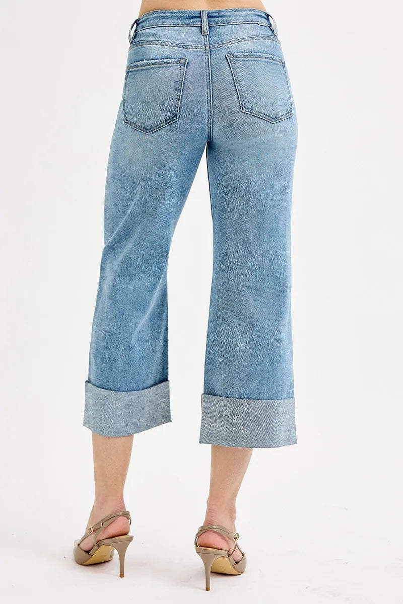 Sarah Express Women’s Plus Size Tummy Control High Rise Ankle Jeans with Wide Cuff
